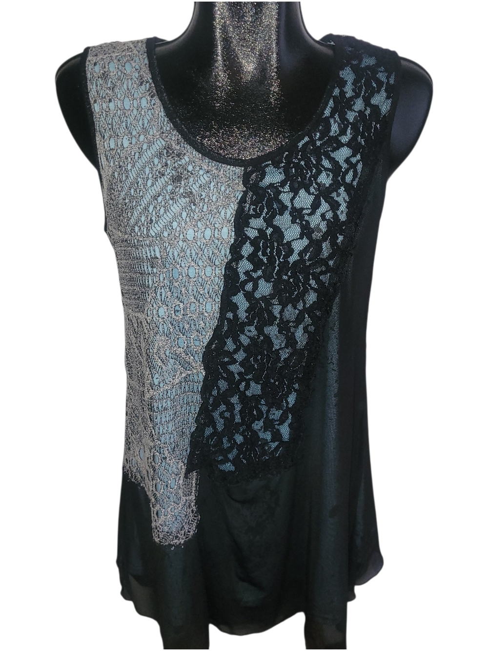 Black Lace-Accent Sleeveless Top with Light Blue Underlay Panels Size S